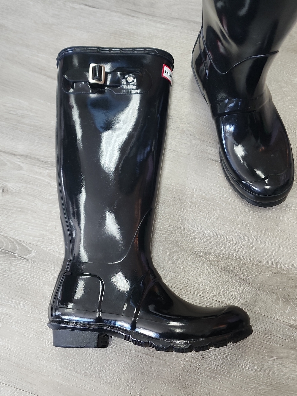 Hunter Women's Gloss Black Tall Rain Boots with Adjustable Buckle Scuff On Top